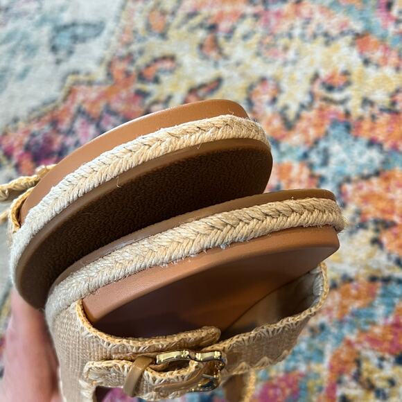 American Eagle AE Stitched Slide Sandals Natural Beige Tan Gold Buckles Size 10 - Picture 12 of 14